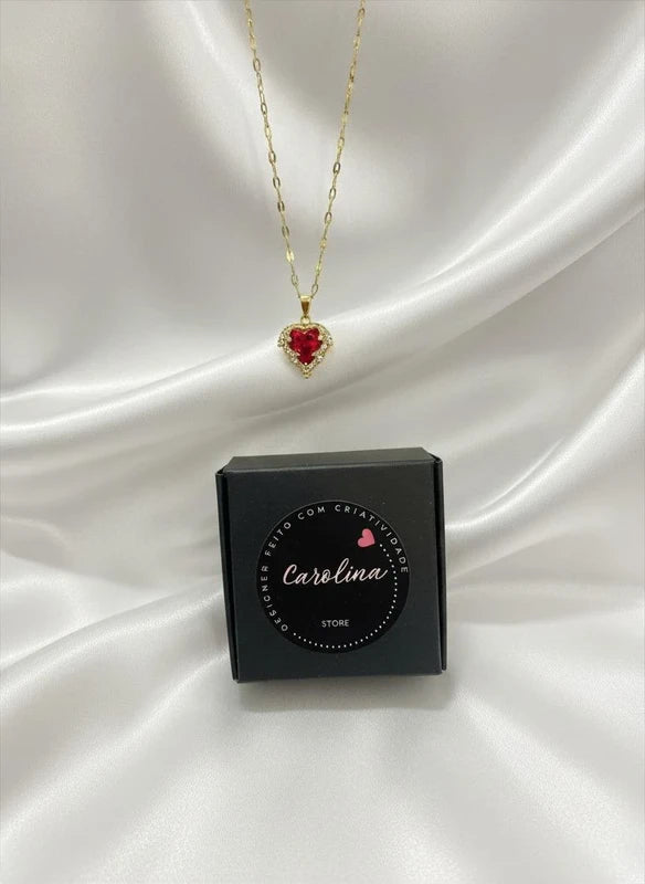 Colar coração vermelho em aço inox com zircónias