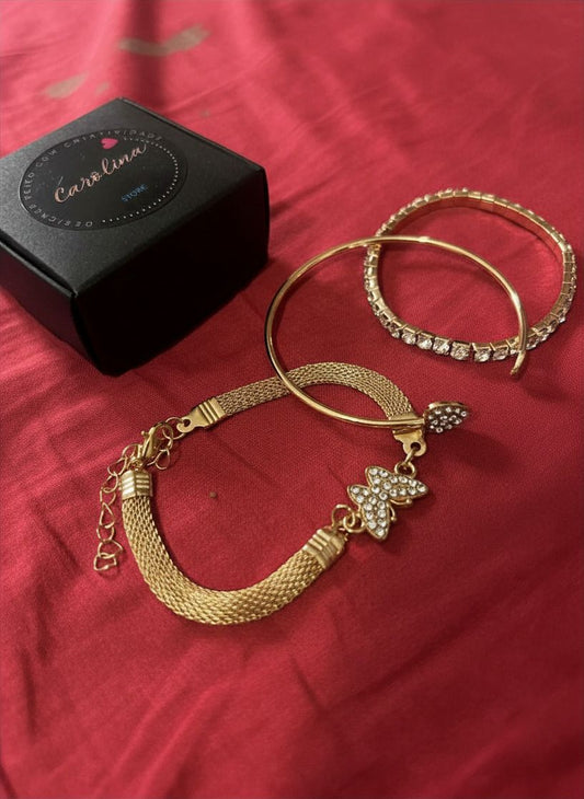 Conjunto 3 Pulseiras Brilho Dourado