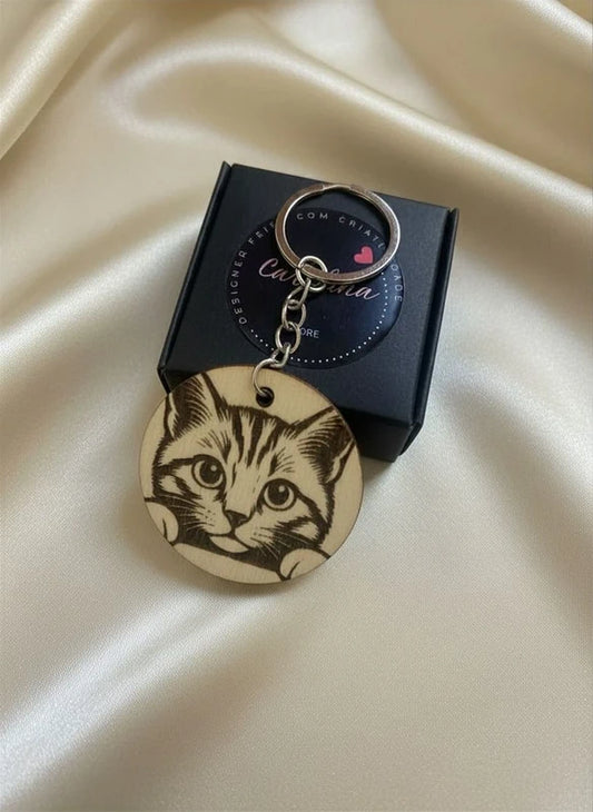 Porta-Chaves Personalizado Gato – Madeira Gravada a Laser