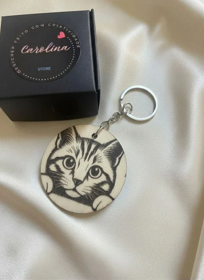 Porta-Chaves Personalizado Gato – Madeira Gravada a Laser