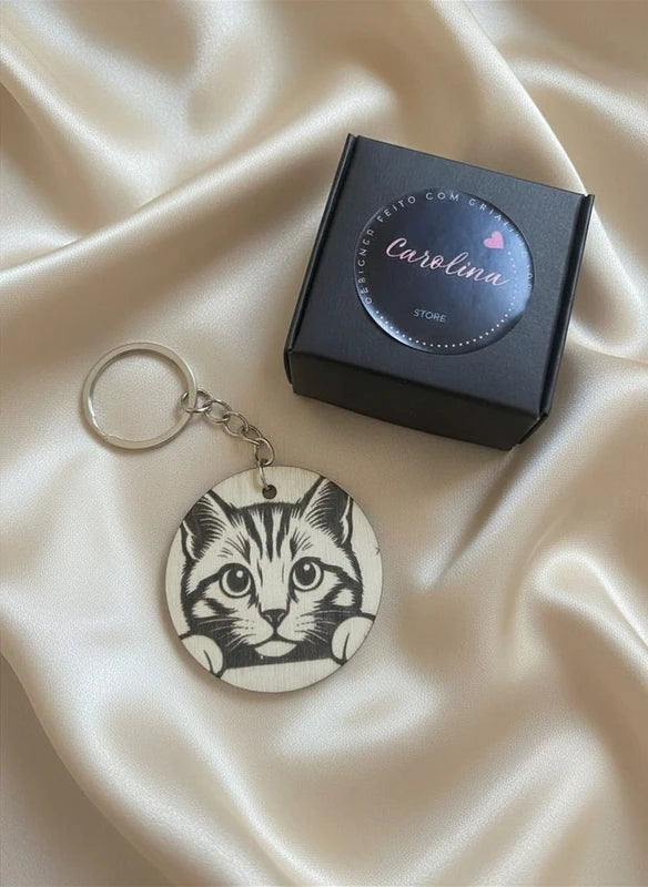 Porta-Chaves Personalizado Gato – Madeira Gravada a Laser