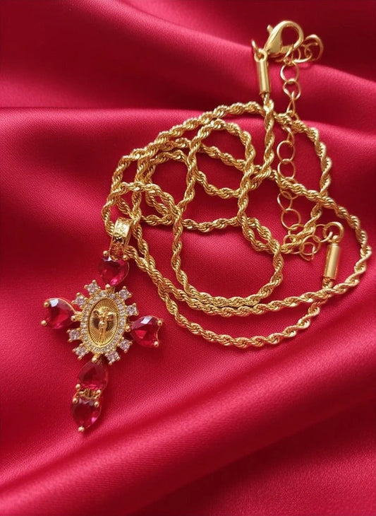 Crucifixo em ouro 18k e pedras zircônia vermelhas