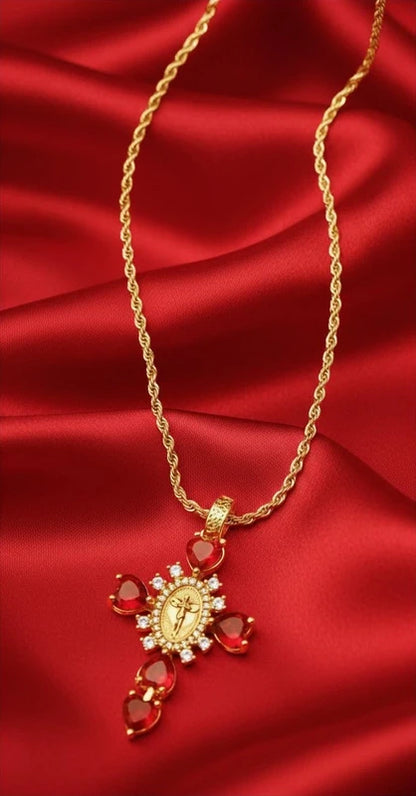 Crucifixo em ouro 18k e pedras zircônia vermelhas