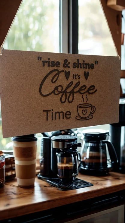 Placa em Madeira “Rise & Shine – It’s Coffee Time”