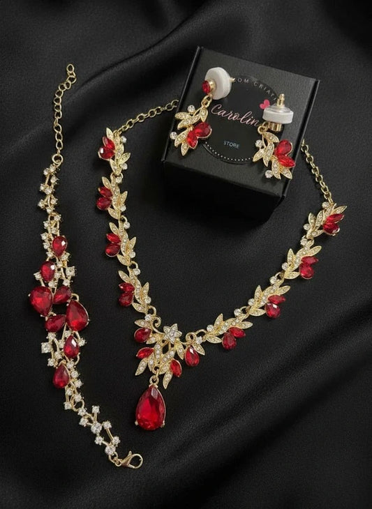 Conjunto Colar, Pulseira e Brincos em Liga de Zinco Dourado com Zircónias Vermelhas