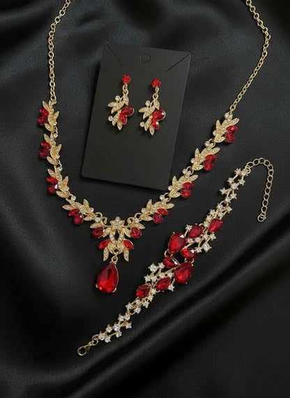 Conjunto Colar, Pulseira e Brincos em Liga de Zinco Dourado com Zircónias Vermelhas