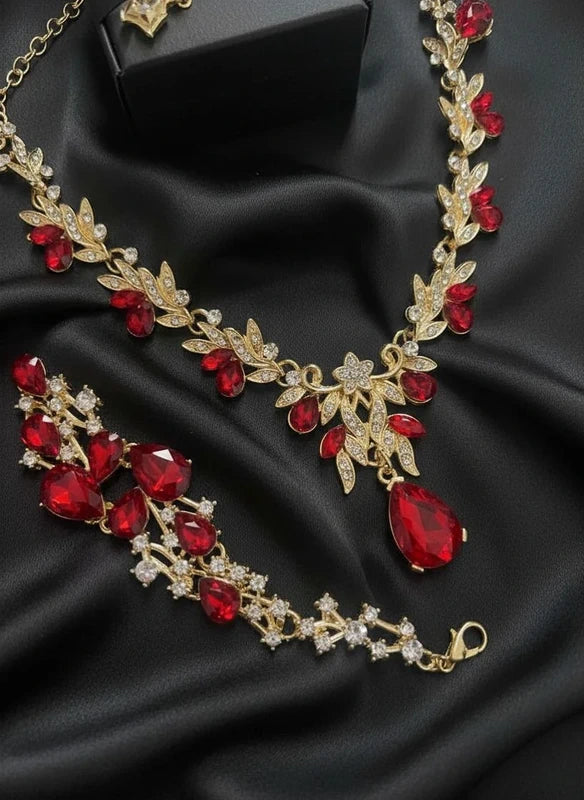 Conjunto Colar, Pulseira e Brincos em Liga de Zinco Dourado com Zircónias Vermelhas