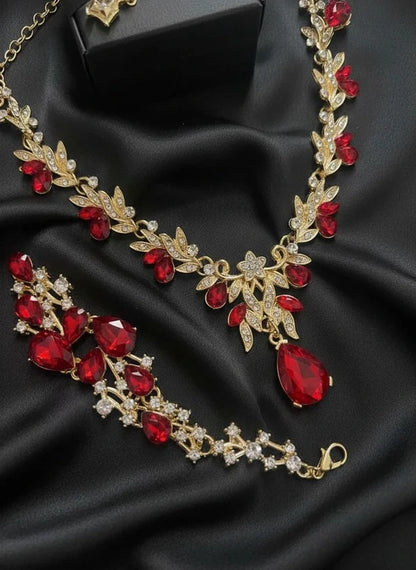Conjunto Colar, Pulseira e Brincos em Liga de Zinco Dourado com Zircónias Vermelhas