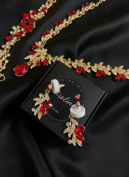Conjunto Colar, Pulseira e Brincos em Liga de Zinco Dourado com Zircónias Vermelhas