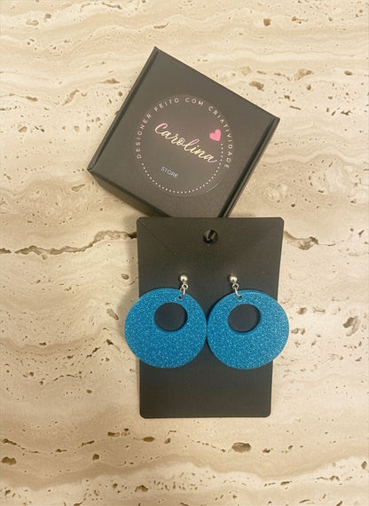 Brincos com Acessório em Inox Prata e Pingente em Resina Azul com Brilho