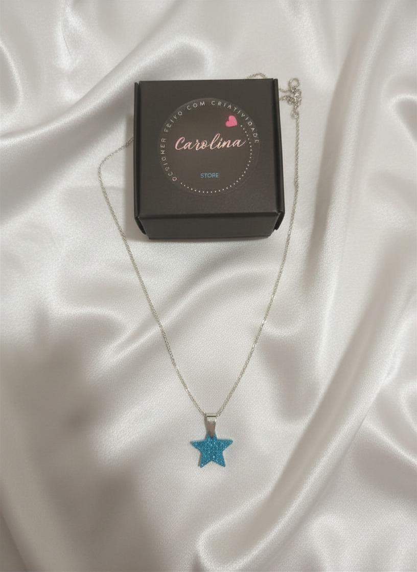Colar com Corrente em Inox Prata e Pingente em Resina com Estrela Azul