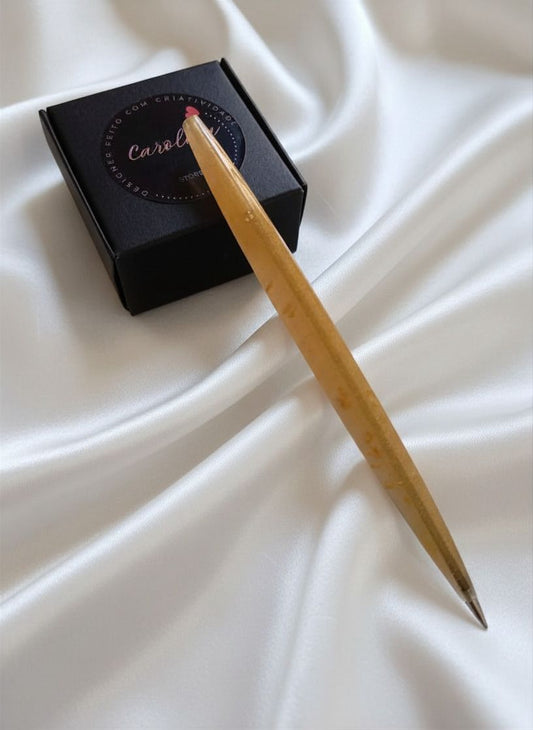 Caneta em Resina com Tons Dourados e Folhas de Ouro – Tinta Azul