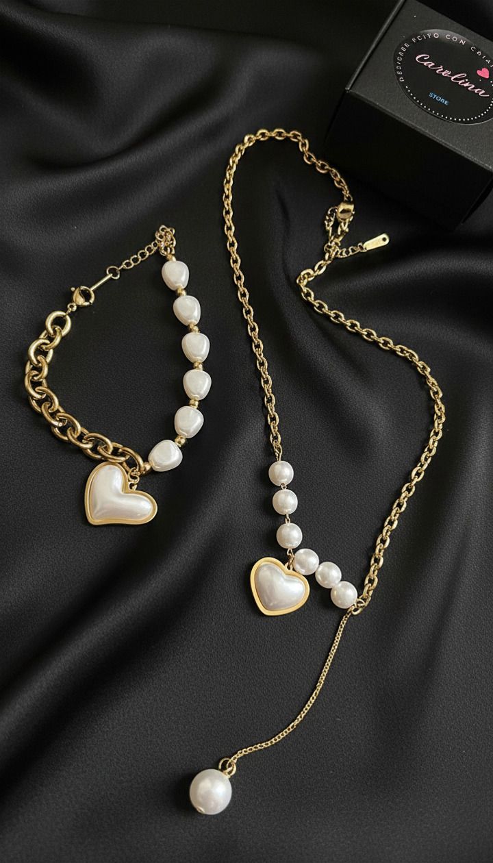 Conjunto Coração Pérola Dourado