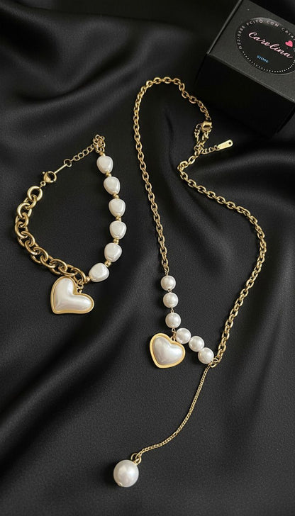 Conjunto Coração Pérola Dourado