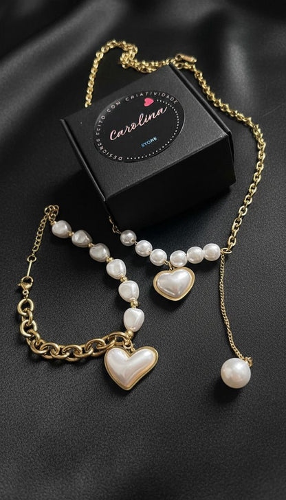 Conjunto Coração Pérola Dourado