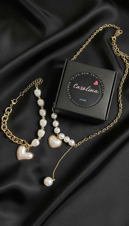 Conjunto Coração Pérola Dourado