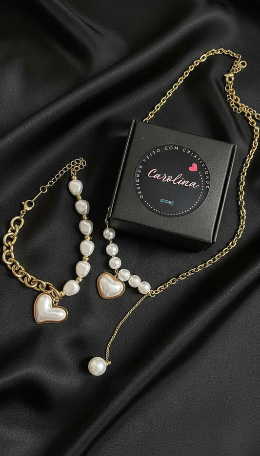 Conjunto Coração Pérola Dourado