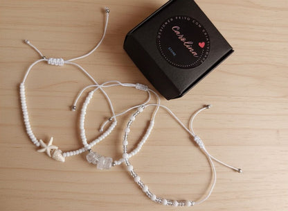 Conjunto de 3 Pulseiras com Miçangas Brancas