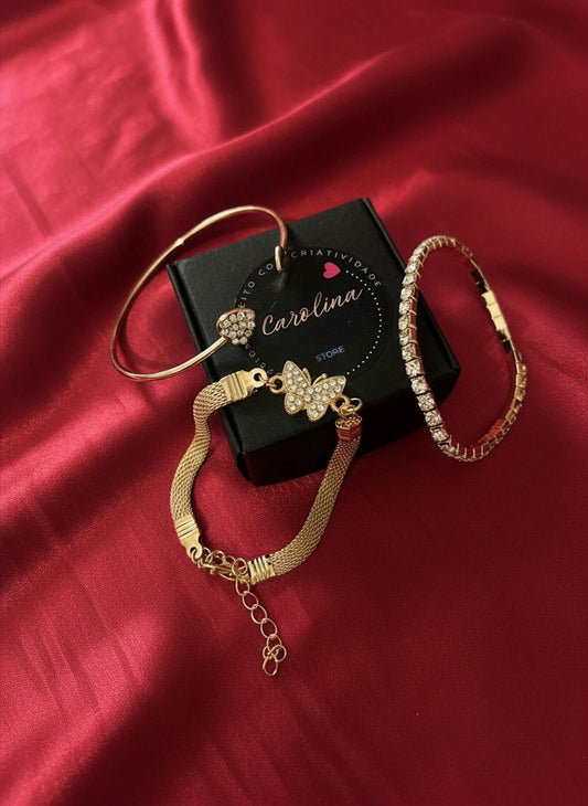 Conjunto 3 Pulseiras Brilho Dourado
